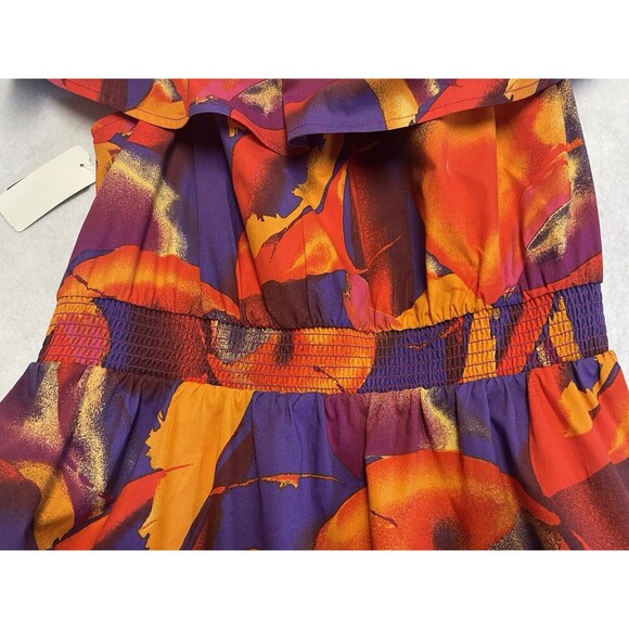 New NINE WEST Tropical Boho print Smocked Waist Off Shoulder Midi Dress Size XL - Picture 5 of 9